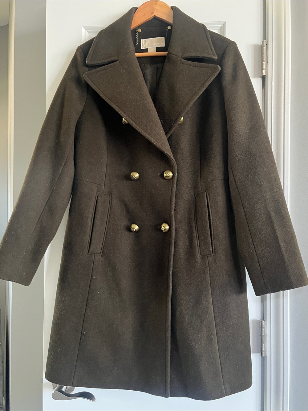 Michael Kors Dark Olive Double-Breasted Wool Pea Coat